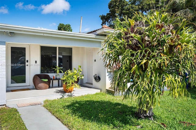 entrance to property featuring a yard