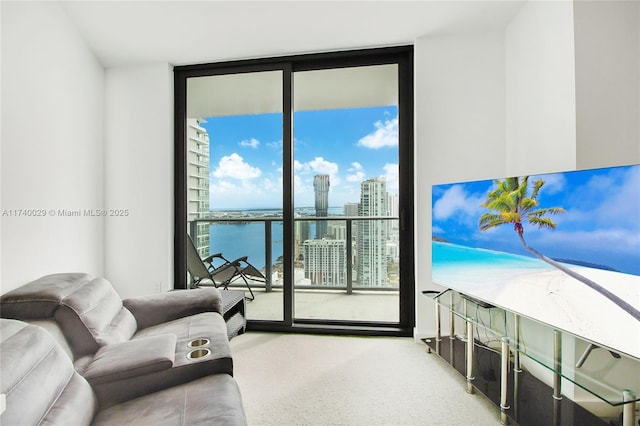 living room with a wall of windows and carpet flooring