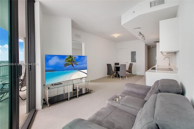 carpeted living room featuring electric panel and sink