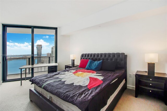 carpeted bedroom with floor to ceiling windows and a water view