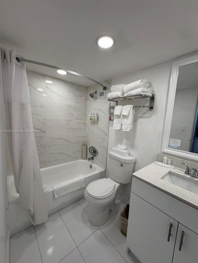 full bathroom with vanity, shower / bath combination with curtain, and toilet