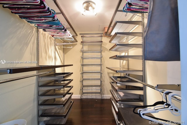 walk in closet with dark hardwood / wood-style flooring