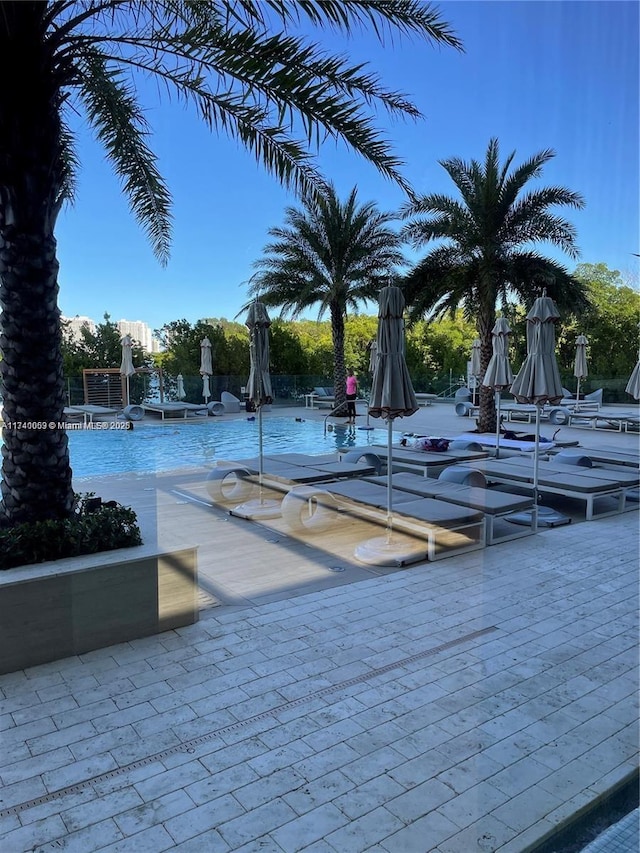 view of swimming pool featuring a patio