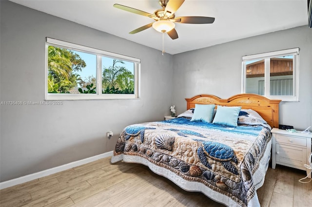 bedroom featuring light hardwood / wood-style floors and ceiling fan