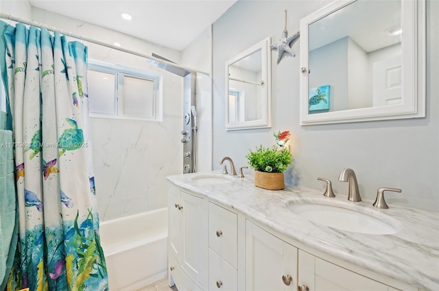 bathroom with vanity and shower / bathtub combination with curtain