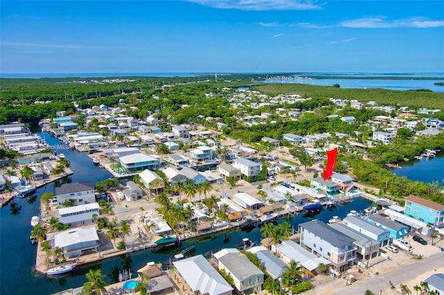 aerial view featuring a water view