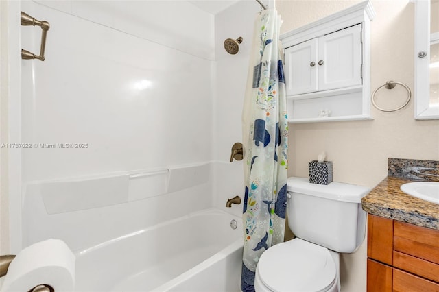 full bathroom featuring vanity, shower / bath combination with curtain, and toilet