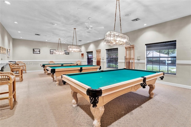 playroom featuring light colored carpet and pool table