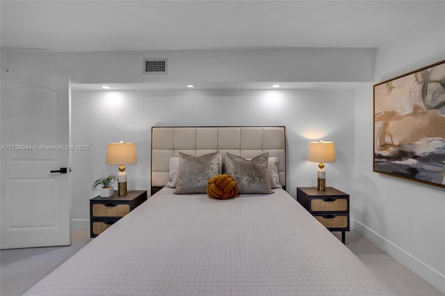 bedroom featuring recessed lighting, visible vents, and baseboards