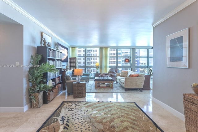 living room featuring baseboards, floor to ceiling windows, and crown molding