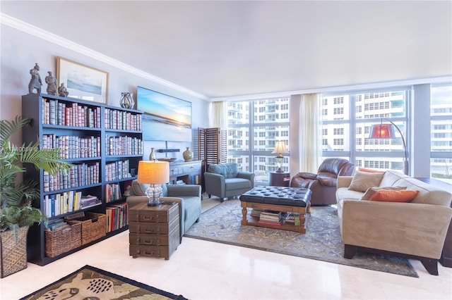 living area featuring ornamental molding