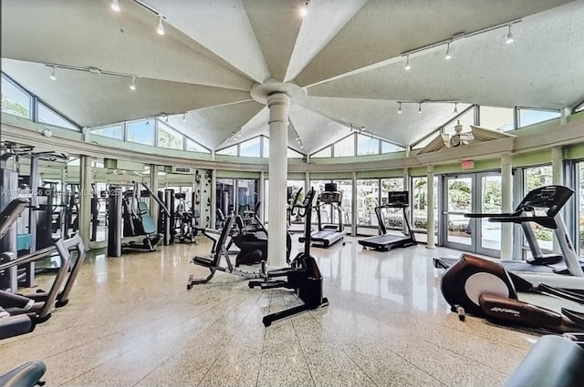 gym featuring high vaulted ceiling and french doors