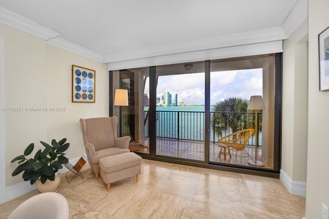 sitting room featuring crown molding and baseboards