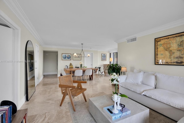 living room featuring ornamental molding and visible vents