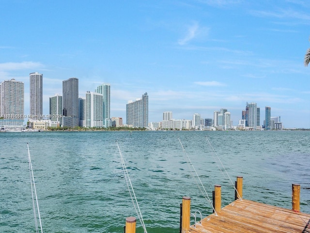 view of dock featuring a view of city and a water view