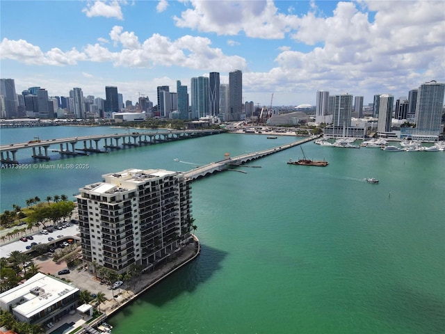 aerial view with a water view and a view of city