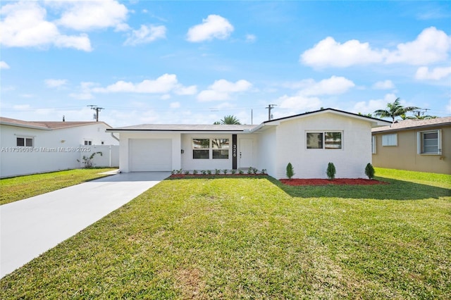 ranch-style home featuring a garage, concrete driveway, a front yard, and fence