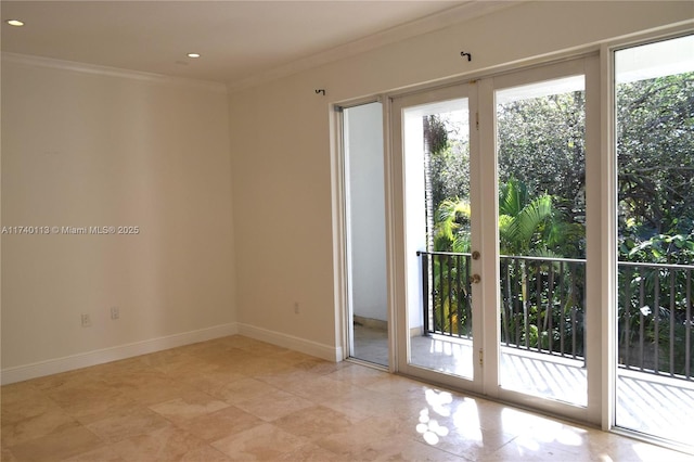 spare room featuring recessed lighting, baseboards, and ornamental molding