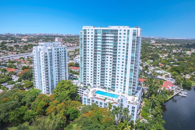 drone / aerial view with a water view