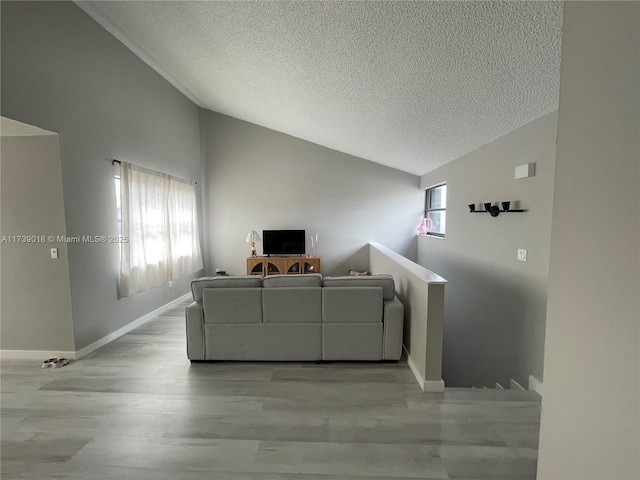 living room with lofted ceiling, a textured ceiling, and light wood-type flooring