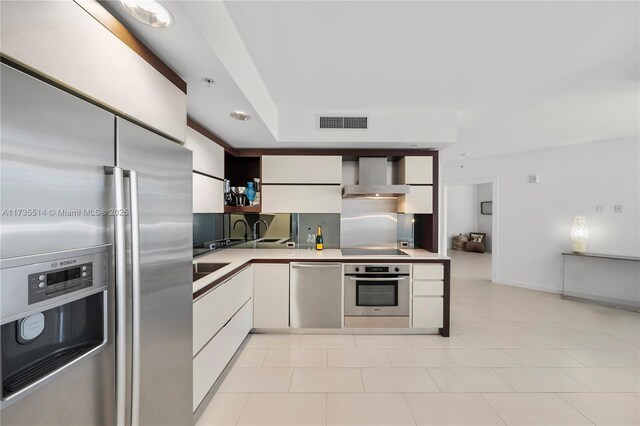 kitchen featuring tasteful backsplash, wall chimney range hood, stainless steel appliances, and white cabinets