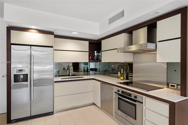 kitchen with appliances with stainless steel finishes, sink, white cabinets, decorative backsplash, and wall chimney range hood