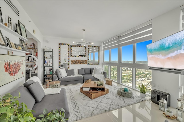 living room featuring an inviting chandelier