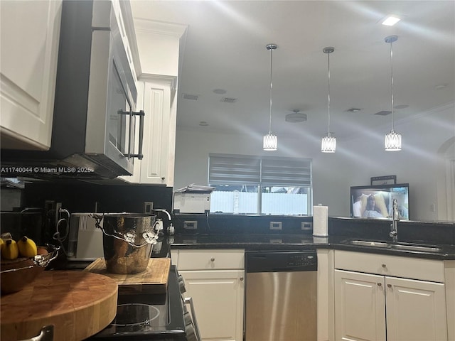 kitchen with sink, stainless steel dishwasher, hanging light fixtures, and white cabinets