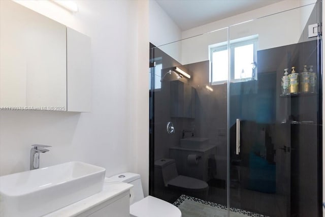 bathroom featuring vanity, a shower with shower door, and toilet