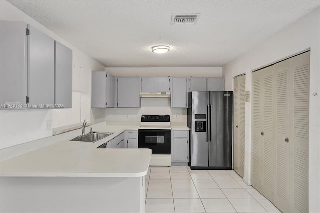 kitchen featuring range with electric stovetop, gray cabinets, sink, high end refrigerator, and kitchen peninsula