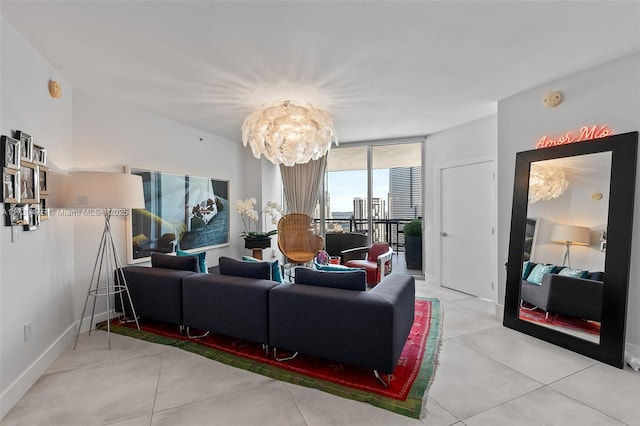 living room with baseboards and floor to ceiling windows