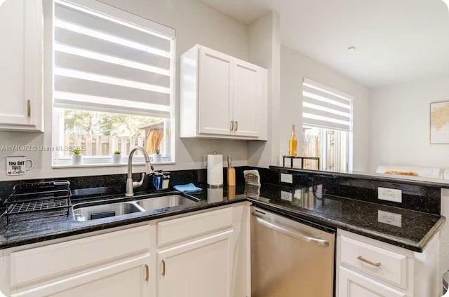 kitchen featuring dark stone countertops, white cabinets, sink, and dishwasher