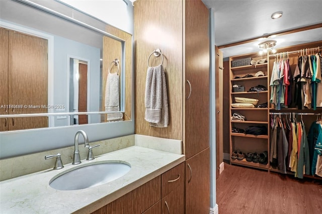 bathroom featuring hardwood / wood-style flooring and vanity