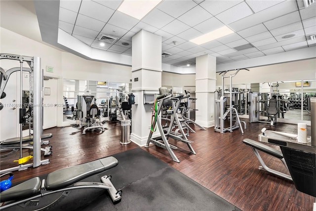 gym featuring dark hardwood / wood-style floors and a drop ceiling