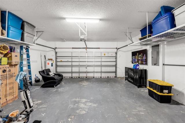 garage with electric panel and electric water heater