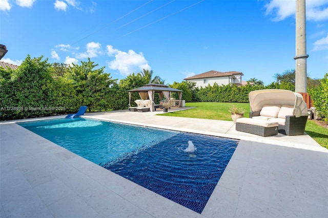 outdoor pool featuring a patio area, a yard, and a gazebo