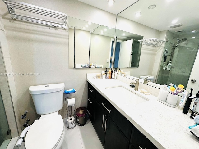 full bath featuring toilet, recessed lighting, visible vents, vanity, and a stall shower