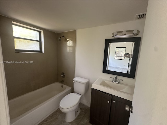 full bath featuring visible vents, vanity, toilet, and shower / bathtub combination