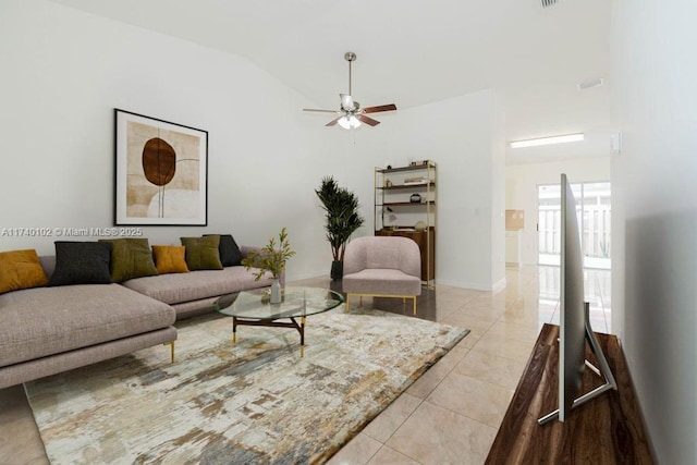 living room with high vaulted ceiling, light tile patterned floors, and ceiling fan