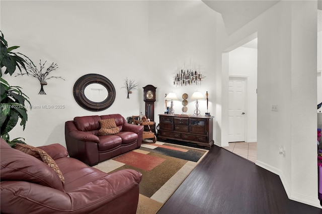 living room with a high ceiling and light hardwood / wood-style floors