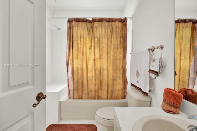 full bathroom featuring shower / bathtub combination with curtain, vanity, tile patterned flooring, and toilet