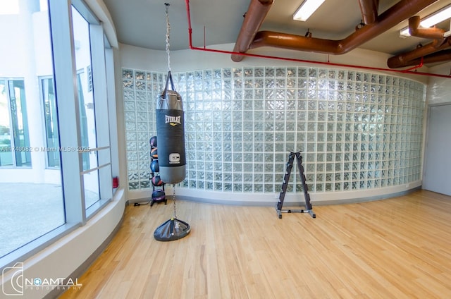 workout room with wood finished floors