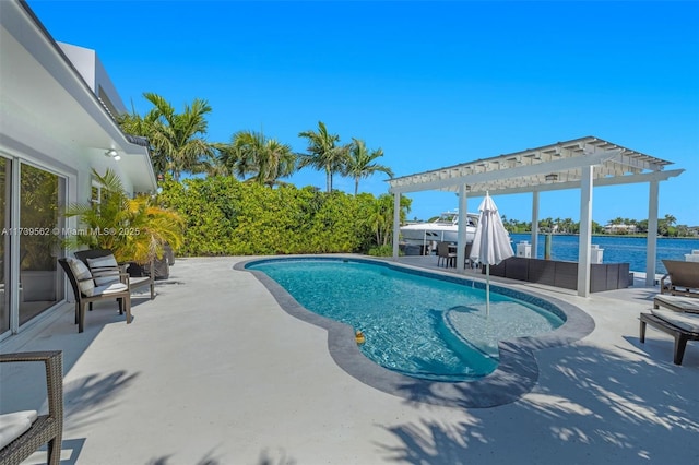 view of swimming pool featuring an outdoor living space, a pergola, a patio, and a water view