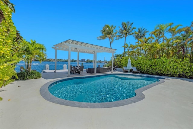 view of pool featuring an outdoor living space, a pergola, a patio, and a water view