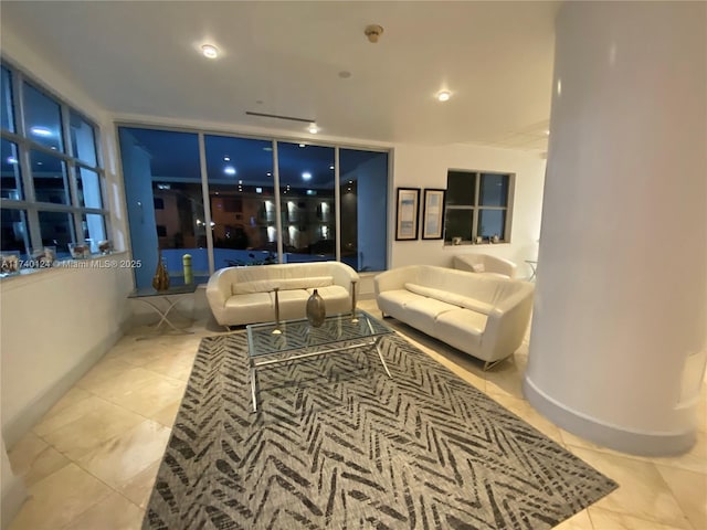 living room featuring light tile patterned floors