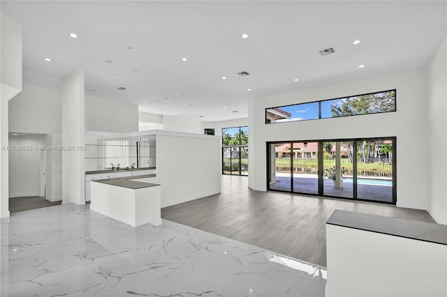 interior space featuring a high ceiling and sink