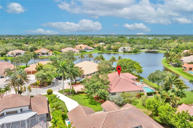 drone / aerial view featuring a water view