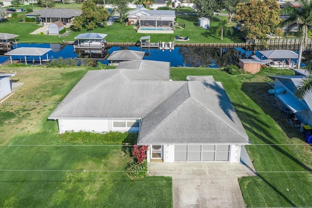 bird's eye view with a water view