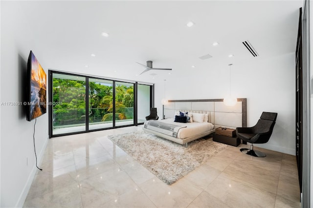 bedroom featuring marble finish floor, visible vents, expansive windows, and baseboards