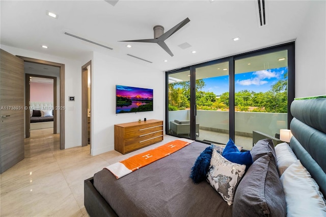 bedroom with access to outside, a wall of windows, a ceiling fan, and recessed lighting